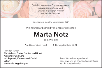 Traueranzeige von Marta Notz von Metzinger-Uracher Volksblatt