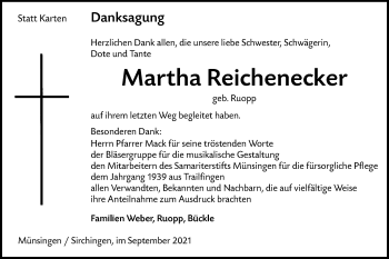 Traueranzeige von Martha Reichenecker von Alb-Bote/Metzinger-Uracher Volksblatt