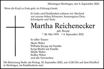 Traueranzeige von Martha Reichenecker von Alb-Bote/Metzinger-Uracher Volksblatt