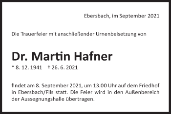 Traueranzeige von Martin Hafner von NWZ Neue Württembergische Zeitung