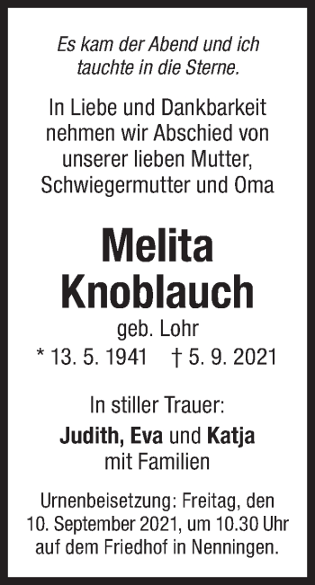 Traueranzeige von Melita Knoblauch von NWZ Neue Württembergische Zeitung