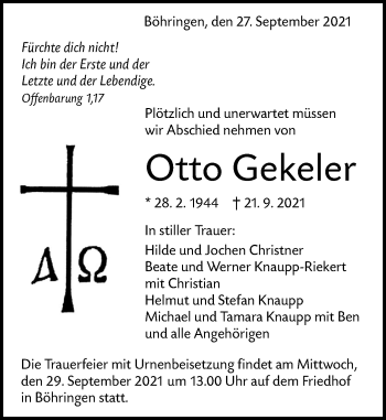 Traueranzeige von Otto Gekeler von Alb-Bote/Metzinger-Uracher Volksblatt