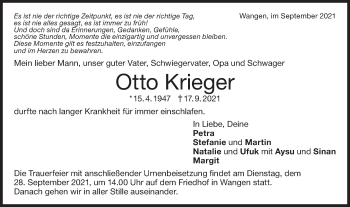 Traueranzeige von Otto Krieger von NWZ Neue Württembergische Zeitung