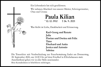 Traueranzeige von Paula Kilian von Hohenloher Tagblatt