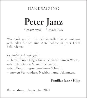 Traueranzeige von Peter Janz von Metzinger-Uracher Volksblatt