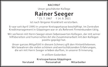 Traueranzeige von Rainer Seeger von NWZ Neue Württembergische Zeitung/Geislinger Zeitung