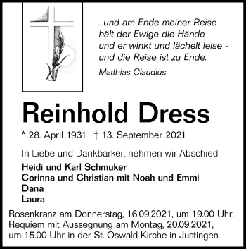 Traueranzeige von Reinhold Dress von Metzinger-Uracher Volksblatt