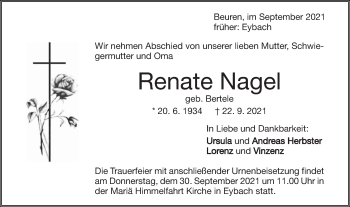 Traueranzeige von Renate Nagel von Geislinger Zeitung