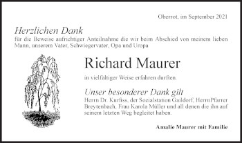 Traueranzeige von Richard Maurer von Rundschau Gaildorf