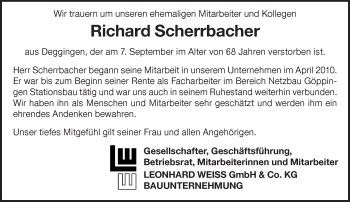 Traueranzeige von Richard Scherrbacher von NWZ Neue Württembergische Zeitung/Geislinger Zeitung