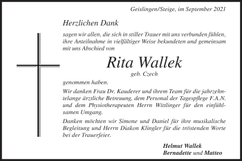 Traueranzeige von Rita Wallek von Geislinger Zeitung