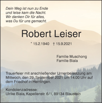 Traueranzeige von Robert Leiser von SÜDWEST PRESSE Ausgabe Ulm/Neu-Ulm