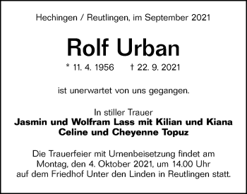 Traueranzeige von Rolf Urban von Metzinger-Uracher Volksblatt