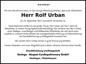 Traueranzeige von Rolf Urban von Metzinger-Uracher Volksblatt