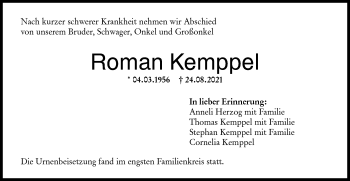 Traueranzeige von Roman Kemppel von Haller Tagblatt