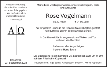 Traueranzeige von Rose Vogelmann von Haller Tagblatt