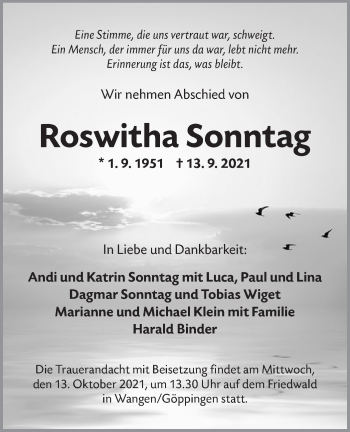 Traueranzeige von Roswitha Sonntag von NWZ Neue Württembergische Zeitung