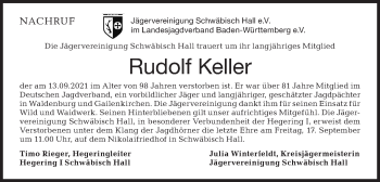 Traueranzeige von Rudolf Keller von Haller Tagblatt