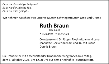 Traueranzeige von Ruth Braun von NWZ Neue Württembergische Zeitung