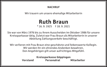 Traueranzeige von Ruth Braun von NWZ Neue Württembergische Zeitung/Geislinger Zeitung