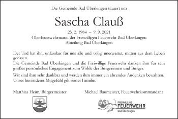 Traueranzeige von Sascha Clauß von Geislinger Zeitung