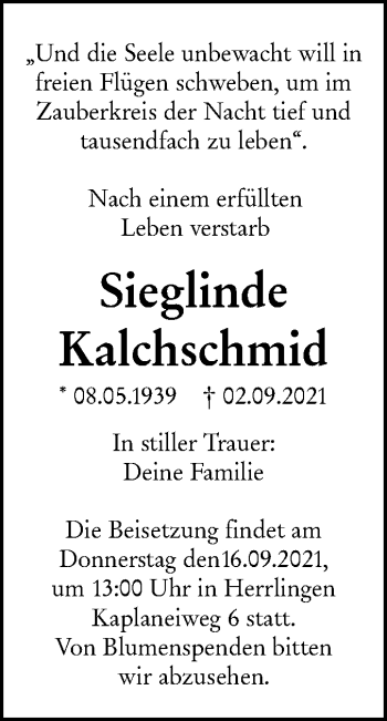 Traueranzeige von Sieglinde Kalchschmid von SÜDWEST PRESSE Ausgabe Ulm/Neu-Ulm