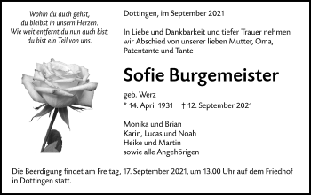 Traueranzeige von Sofie Burgemeister von Alb-Bote/Metzinger-Uracher Volksblatt