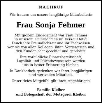 Traueranzeige von Sonja Fehmer von SÜDWEST PRESSE Ausgabe Ulm/Neu-Ulm