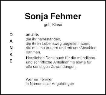 Traueranzeige von Sonja Fehmer von SÜDWEST PRESSE Ausgabe Ulm/Neu-Ulm