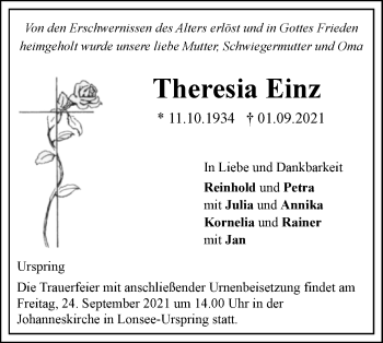 Traueranzeige von Theresia Einz von SÜDWEST PRESSE Ausgabe Ulm/Neu-Ulm