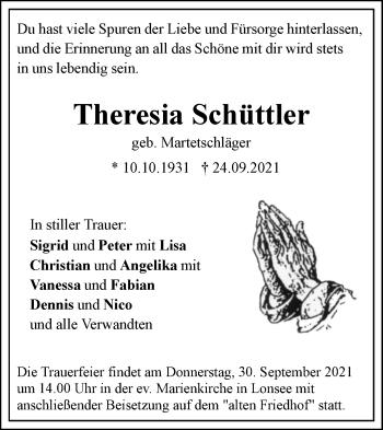 Traueranzeige von Theresia Schüttler von Geislinger Zeitung