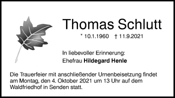 Traueranzeige von Thomas Schlutt von SÜDWEST PRESSE Ausgabe Ulm/Neu-Ulm