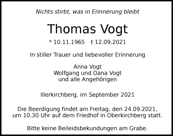 Traueranzeige von Thomas Vogt von SÜDWEST PRESSE Ausgabe Ulm/Neu-Ulm