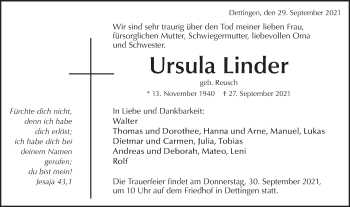 Traueranzeige von Ursula Linder von Metzinger-Uracher Volksblatt