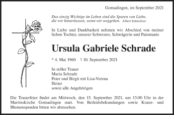 Traueranzeige von Ursula Gabriele Schrade von Alb-Bote/Metzinger-Uracher Volksblatt