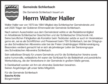 Traueranzeige von Walter Haller von NWZ Neue Württembergische Zeitung