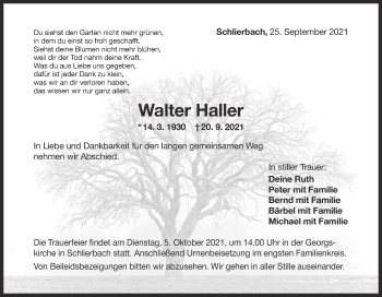 Traueranzeige von Walter Haller von NWZ Neue Württembergische Zeitung