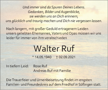 Traueranzeige von Walter Ruf von SÜDWEST PRESSE Ausgabe Ulm/Neu-Ulm