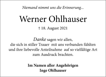 Traueranzeige von Werner Ohlhauser von SÜDWEST PRESSE Ausgabe Ulm/Neu-Ulm