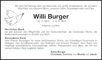 Traueranzeige von Willi Burger von NWZ Neue Württembergische Zeitung