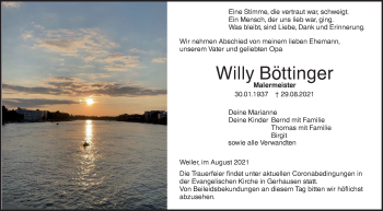 Traueranzeige von Willy Böttinger von SÜDWEST PRESSE Ausgabe Ulm/Neu-Ulm