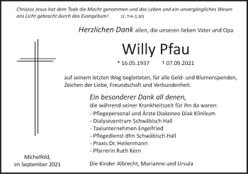 Traueranzeige von Willy Pfau von Haller Tagblatt