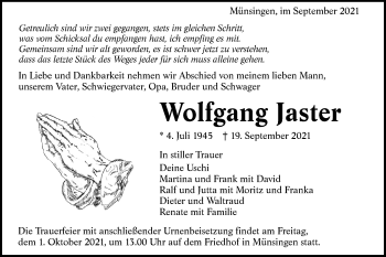 Traueranzeige von Wolfgang Jaster von Alb-Bote/Metzinger-Uracher Volksblatt