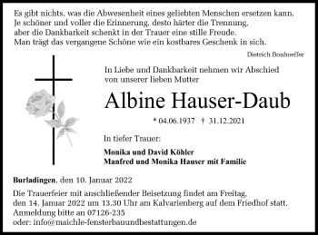 Traueranzeige von Albine Hauser-Daub von Metzinger-Uracher Volksblatt