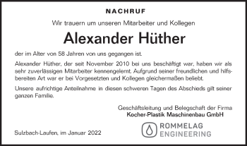 Traueranzeige von Alexander Hüther von Haller Tagblatt