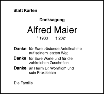 Traueranzeige von Alfred Maier von SÜDWEST PRESSE Ausgabe Ulm/Neu-Ulm