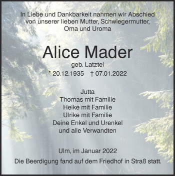 Traueranzeige von Alice Mader von SÜDWEST PRESSE Ausgabe Ulm/Neu-Ulm