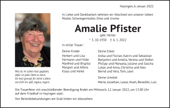 Traueranzeige von Amalie Pfister von Alb-Bote/Metzinger-Uracher Volksblatt