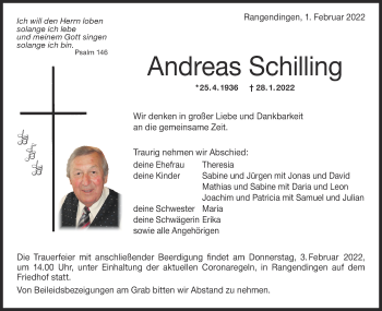 Traueranzeige von Andreas Schilling von Metzinger-Uracher Volksblatt