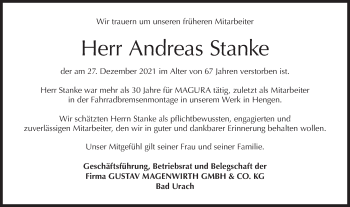 Traueranzeige von Andreas Stanke von Metzinger-Uracher Volksblatt